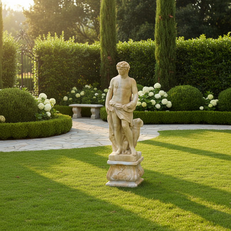 Classical Renaissance male statue with draped cloth, standing on an ornate pedestal, featuring detailed old world European artistry. Side Angle