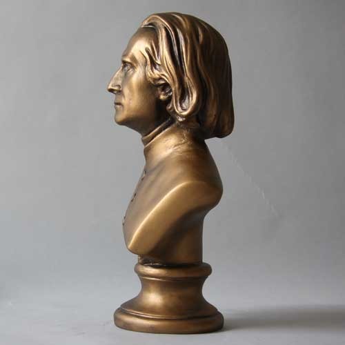 Classical bust of a man with long hair and high-collared coat, featuring ornate old world European sculptural details and engraved base. Side Angle