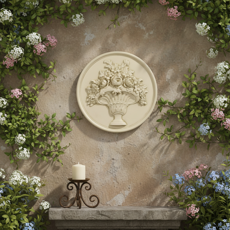 Ornate round medallion featuring a classical Baroque floral basket relief with intricate old world European detailing. Side Angle