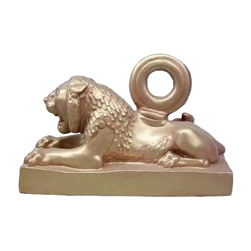 Lion sculpture in classical old world European style with ornate mane, reclining on a rectangular base, featuring a circular handle.