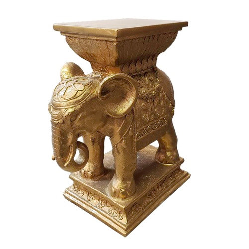 Elephant pedestal with ornate Baroque detailing, classical motifs, and old world European decorative accents. Side View