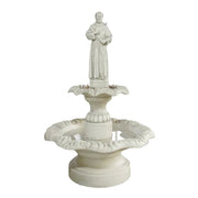 Saint statue fountain with ornate scalloped basin, classical pedestal, and old world European Renaissance-inspired detailing.