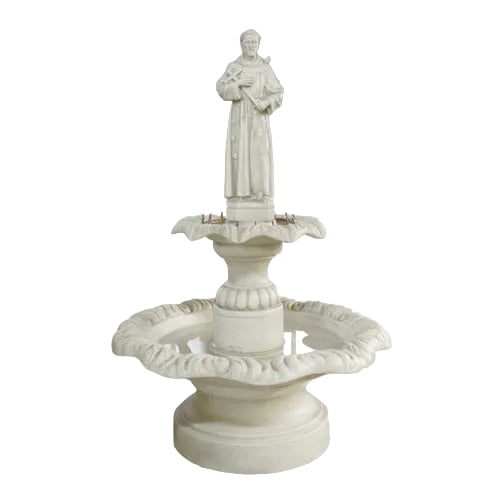 Saint statue fountain with ornate scalloped basin, classical pedestal, and old world European Renaissance-inspired detailing.
