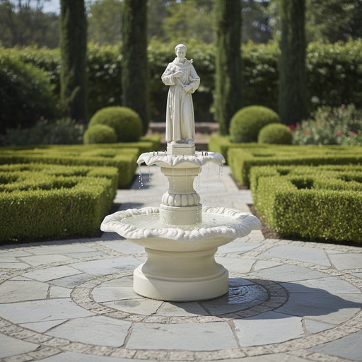 Saint statue fountain with ornate scalloped basin, classical pedestal, and old world European Renaissance-inspired detailing. Side Angle