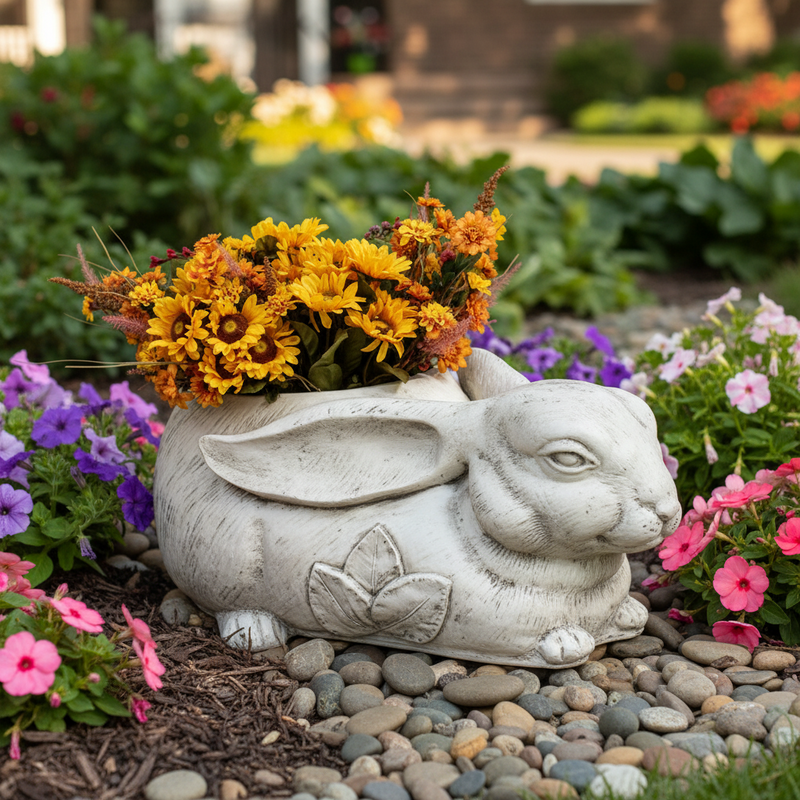 Rabbit-shaped planter with ornate floral motif, featuring old world European style and filled with yellow and orange flowers. Side Angle