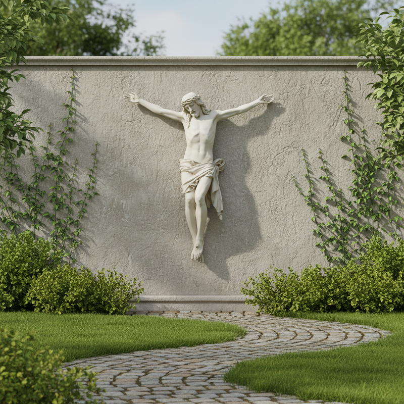 Crucifix statue featuring Jesus with outstretched arms, detailed drapery, and classical Renaissance-inspired sculptural style. Side View
