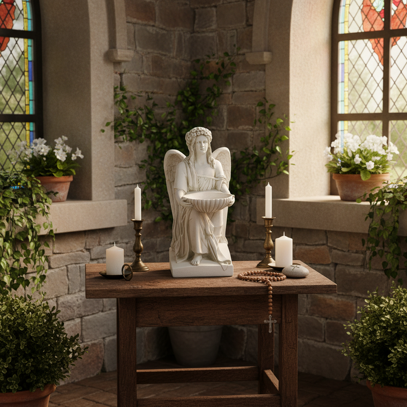 Kneeling Angel With Shell Bowl Outdoor Statue (19 - Inch) Side Angle