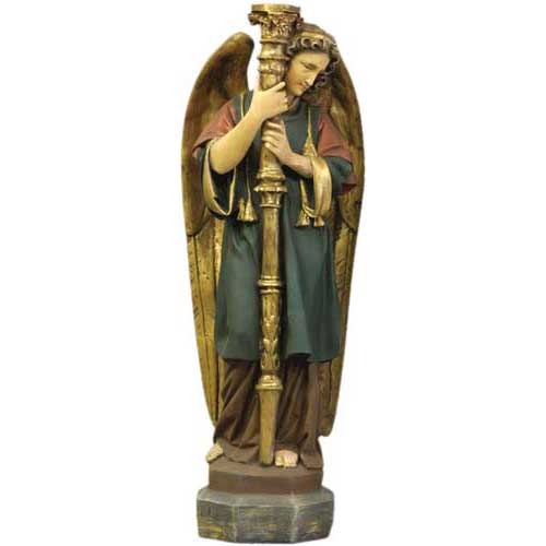 Ornate standing angel with large wings holding a tall fluted candlestick on a hexagonal base