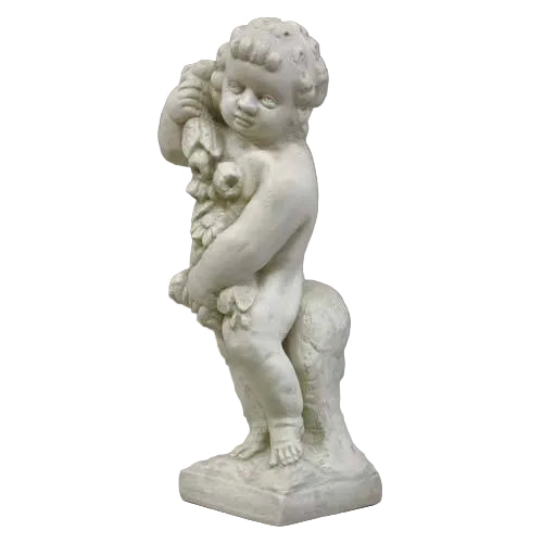 Standing cherub statue holding a bunch of grapes.