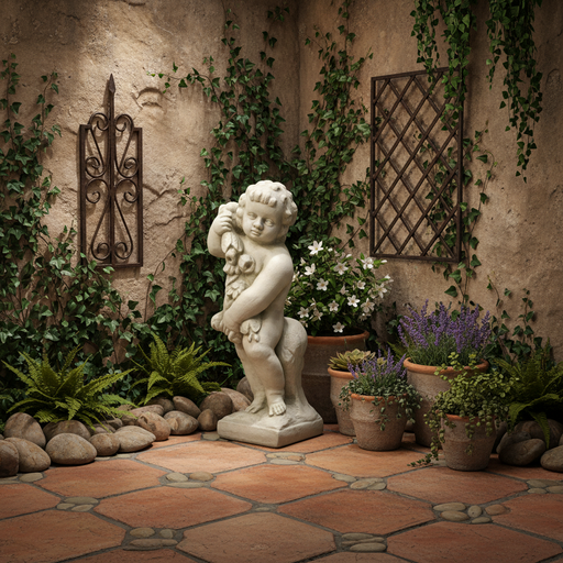 Cherub with Flowers on Base Outdoor Statue (24 - Inch) Side Angle