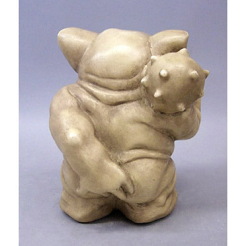 Grotesque gargoyle statue with exaggerated features, large ears, and a mischievous expression in old world European style. Side View