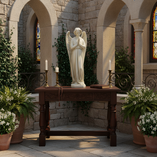 Praying angel statue with flowing robes and detailed wings, featuring classical old world European and Renaissance-inspired design. Side Angle