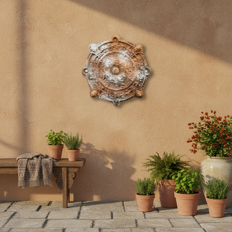 Ornate Baroque ceiling medallion with intricate floral scrollwork and classical old world European detailing. Other Angle