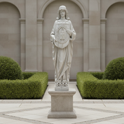 Medieval European knight statue holding an ornate shield, featuring classical and Gothic detailing with intricate carved patterns. Side Angle