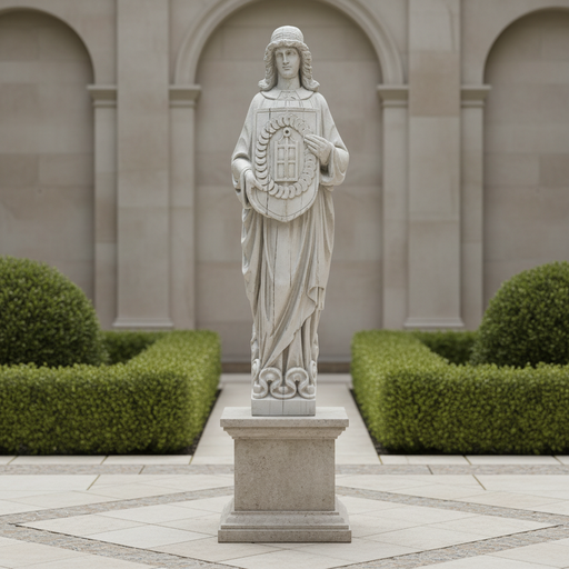 Medieval European knight statue holding an ornate shield, featuring classical and Gothic detailing with intricate carved patterns. Side Angle