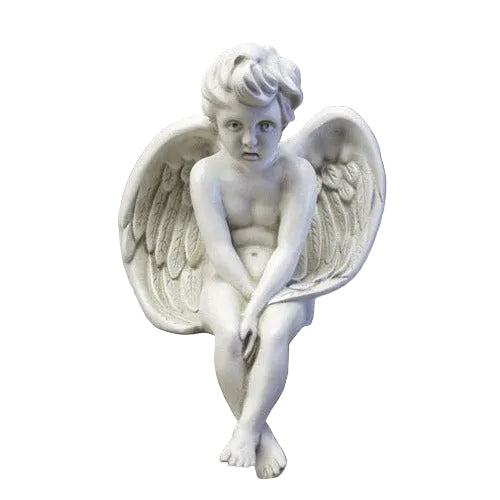 Innocent Sitting winged cherub Statue with hands on knees and detailed feathered wings.