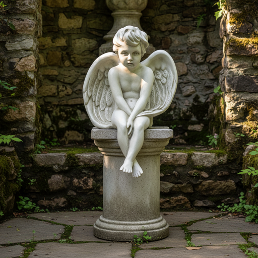Sorrowful Winged Cherub Outdoor Statue (24 - Inch) Side Angle
