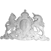 Royal coat of arms with crowned lion and unicorn flanking a shield, ornate old world European style with classical Baroque detailing.