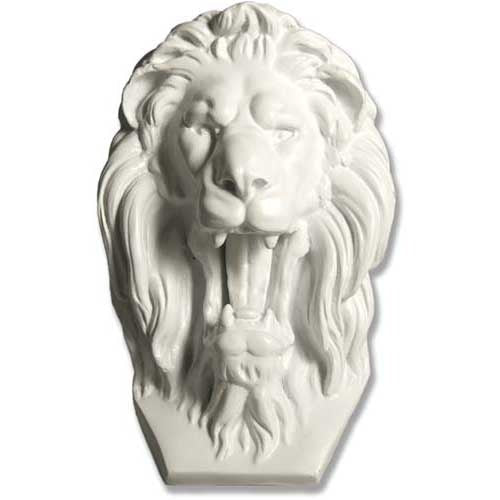 Lion head sculpture with flowing mane, open mouth, and ornate detailing in classical old world European style.