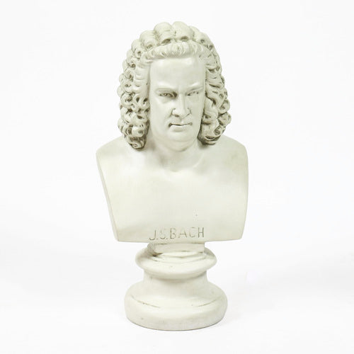 Classical European bust with ornate, curly hair in old world style, displayed on a pedestal with Renaissance-inspired detailing. Side View
