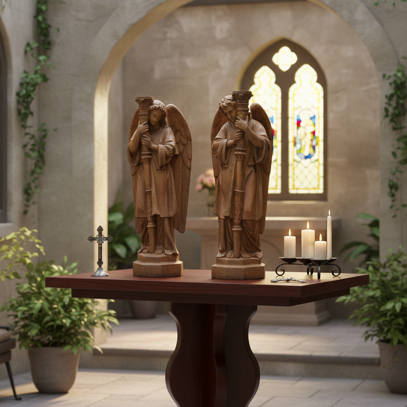 Set of Large Winged Guardian Angels with Candleholder Outdoor Statue (27 - Inch) Side Angle