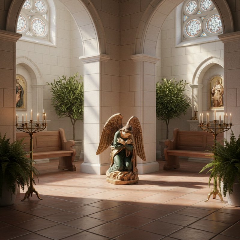 Adoration Angel with Cross Kneeling Statue (39 - Inch) Side Angle