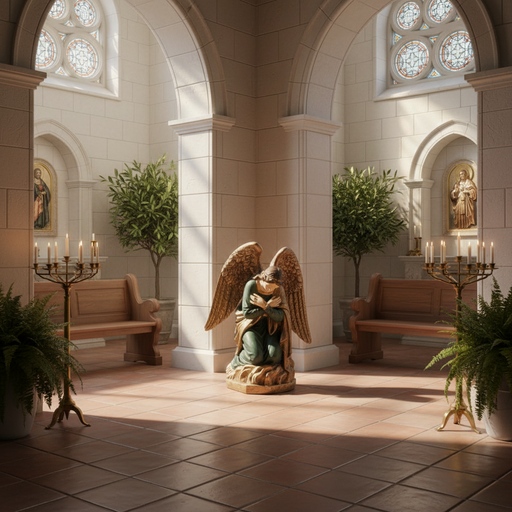 Adoration Angel with Cross Kneeling Statue (39 - Inch) Side Angle