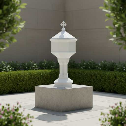 Octagonal Gothic baptismal font with a domed lid, cross finial, and ornate pedestal base in classical old world European style. Side Angle