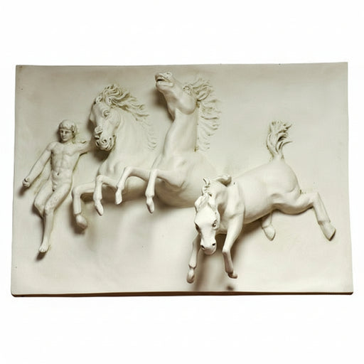 Classical bas-relief sculpture featuring a male figure and three dynamic horses in an ornate, old world European style.