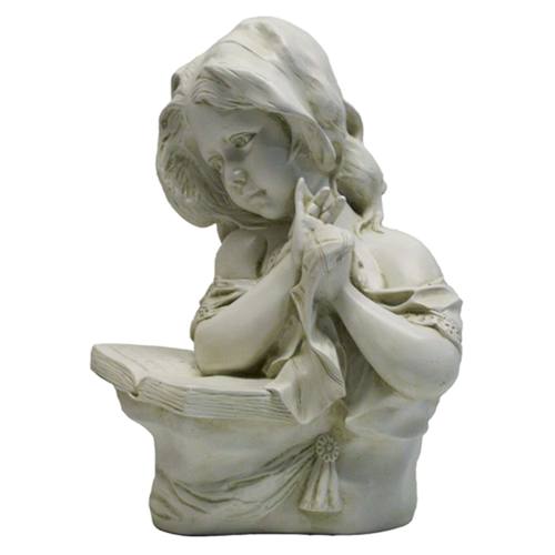 Young girl in classical Renaissance style, hands clasped in prayer, head bowed beside an open book, ornate and serene expression.