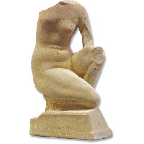 Classical Greek-style headless kneeling female torso sculpture with smooth, ornate contours and ancient European artistry.