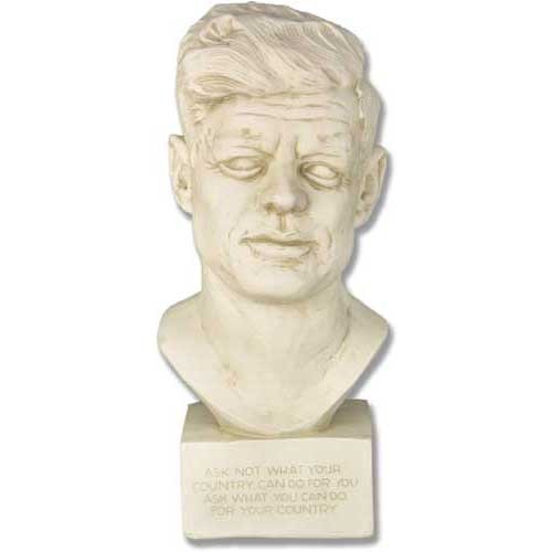Classical-style bust sculpture with ornate detailing, featuring a male figure with stylized hair and engraved pedestal inscription.