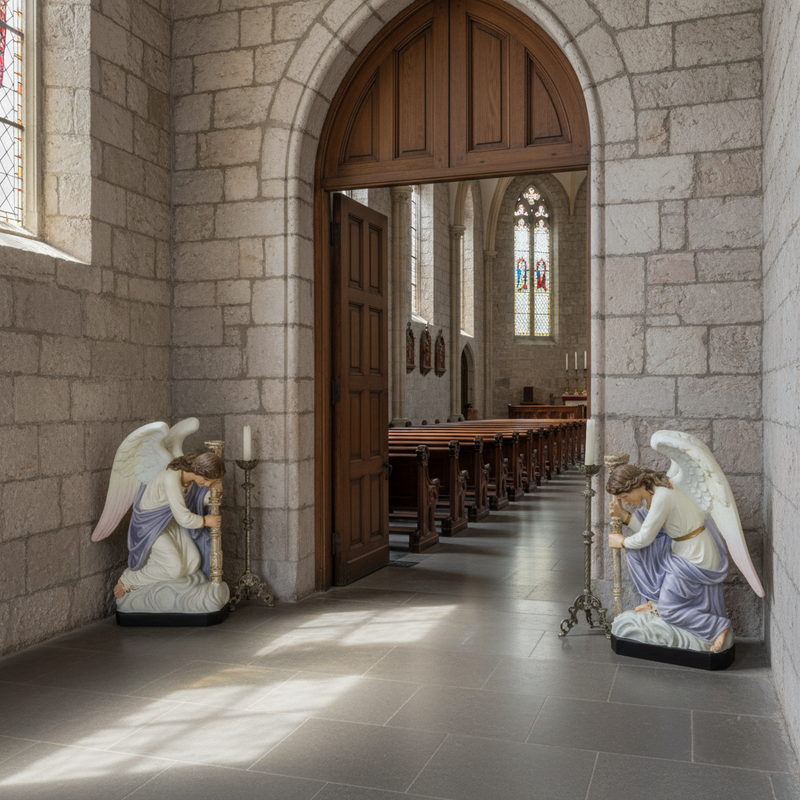 Kneeling angels in classical old world European style, holding ornate candlesticks with detailed Baroque-inspired accents. Side Angle