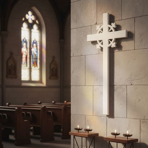 Gothic-style cross with ornate quatrefoil detailing and classical old world European design elements. Side Angle