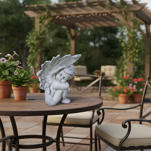 Cherub statue with ornate wings, classical European style, curled in a seated pose with serene expression, inspired by Renaissance art. Side Angle