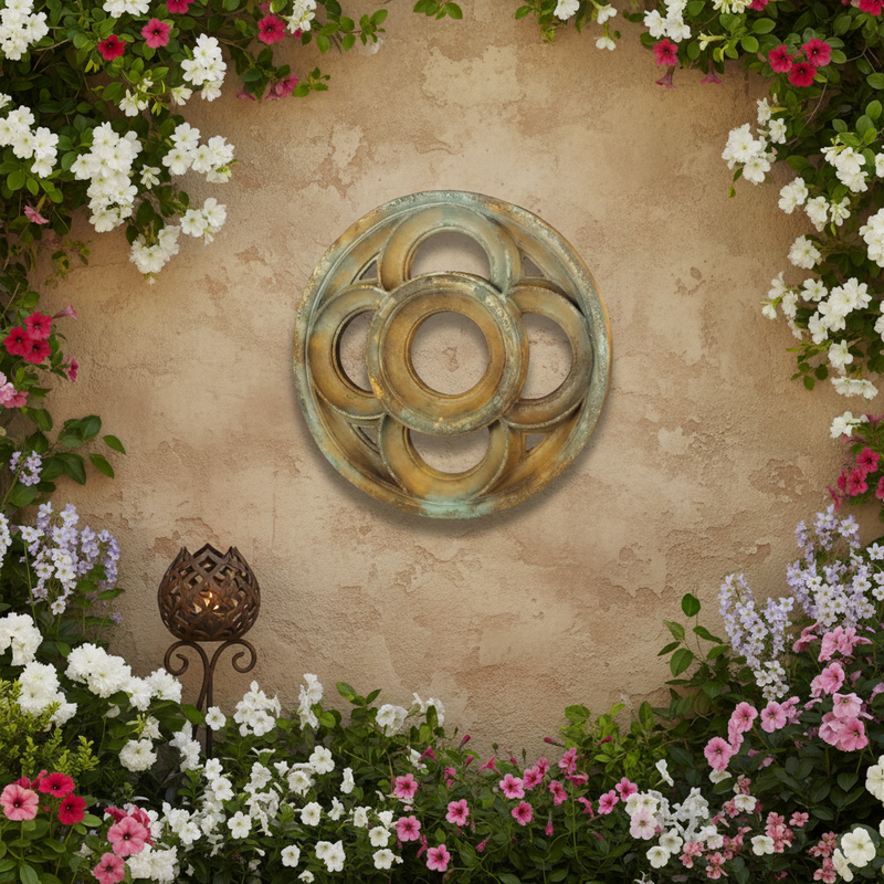 Ornate round medallion with interlocking rings, featuring old world European and Gothic architectural detailing. Side Angle