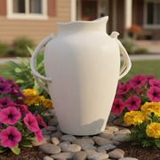 Classical urn with ornate, curved handles and an asymmetrical rim, inspired by old world European and Greek design elements. Side Angle