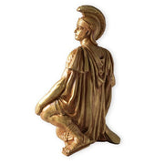 Kneeling Greek warrior statue in classical armor and ornate helmet, inspired by old world European and Renaissance styles. Side Angle