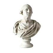 Classical bust sculpture with draped robes, inspired by old world European and Renaissance styles, featuring detailed, lifelike features.
