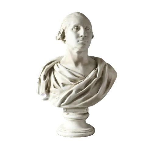 Classical bust sculpture with draped robes, inspired by old world European and Renaissance styles, featuring detailed, lifelike features.