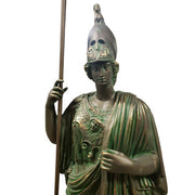 Classical Greek warrior goddess statue in ornate armor and helmet, holding a spear, featuring detailed drapery and intricate embellishments. Additional Angle