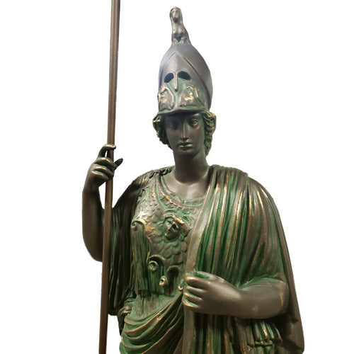 Classical Greek warrior goddess statue in ornate armor and helmet, holding a spear, featuring detailed drapery and intricate embellishments. Additional Angle