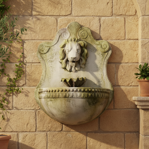 Lion and Shell Garden Wall Fountain (35 - Inch) Side Angle