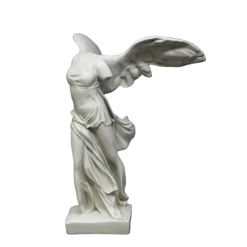 Winged classical Greek statue with flowing drapery, headless and armless, featuring ornate, old world European sculptural details.