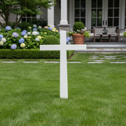 Cross with elongated arms in a simple, classical style, evoking old world European and medieval architectural themes. Side View