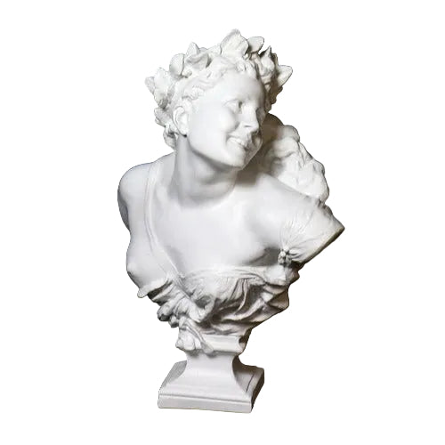 Bust of a smiling woman with laurel wreath, draped garment, and ornate detailing in classical Baroque style.