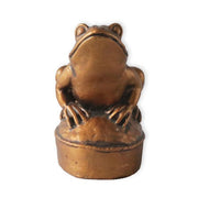 Frog figurine with ornate detailing, classical old world European style, perched on an oval base with subtle decorative accents. Side View