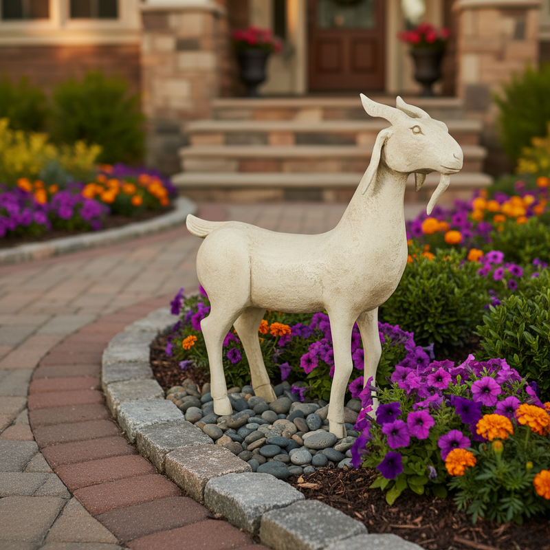 Goat figurine with elongated features and stylized beard, inspired by old world European and medieval folk art design. Side Angle