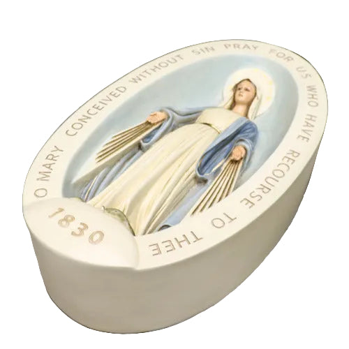 Virgin Mary statue in classical old world European style, set in an ornate oval frame with inscribed prayer and the year 1830.