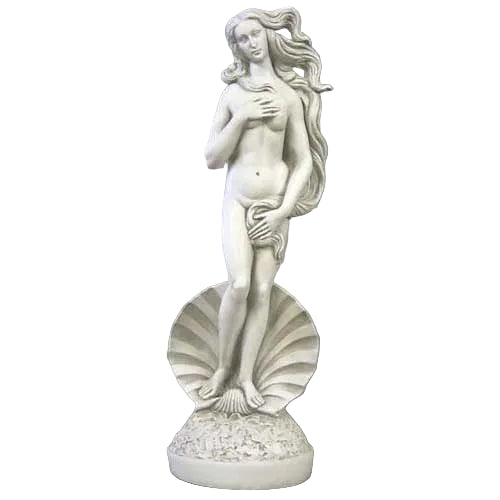Venus standing on a scallop shell in a classical Renaissance style, with flowing hair and ornate detailing, inspired by old world European art.